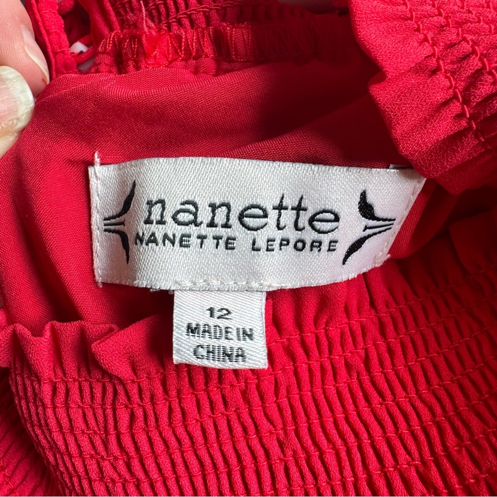 Nanette Lepore Red Smocked Pleated Dress Size 12 Mock Neck Evening Wedding - Picture 4 of 16